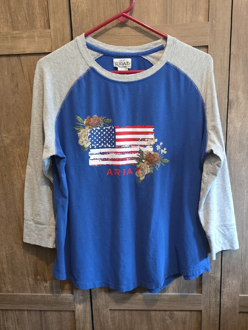 Ariat Blue Raglan Long-Sleeve Tee with Flag and Floral Accent